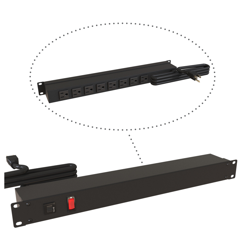 Hammond 1583 PDU 15A/125V (1P) Switch RO(8) O(5-15R)P/L5-15P 15 ft BK