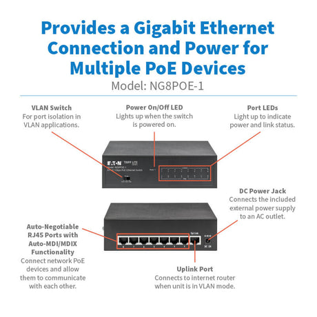 Tripp Lite series 8-Port 10/100/1000 Mbps Desktop Gigabit Ethernet Unmanaged Switch with PoE+