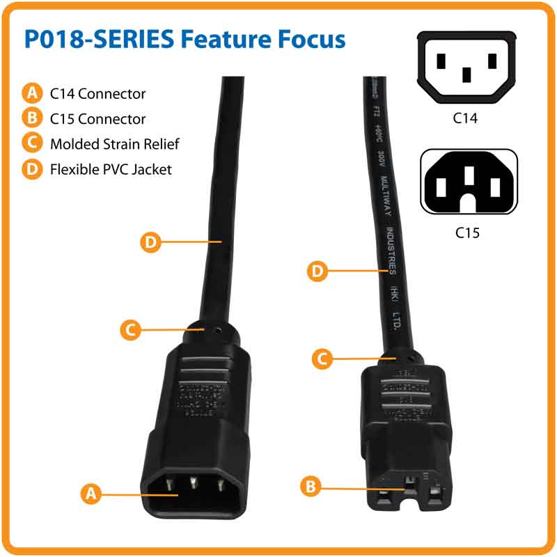 Tripp Lite Series Power Cord C14 to C15 - Heavy-Duty, 15A, 250V, 14 AWG, 2 ft.
