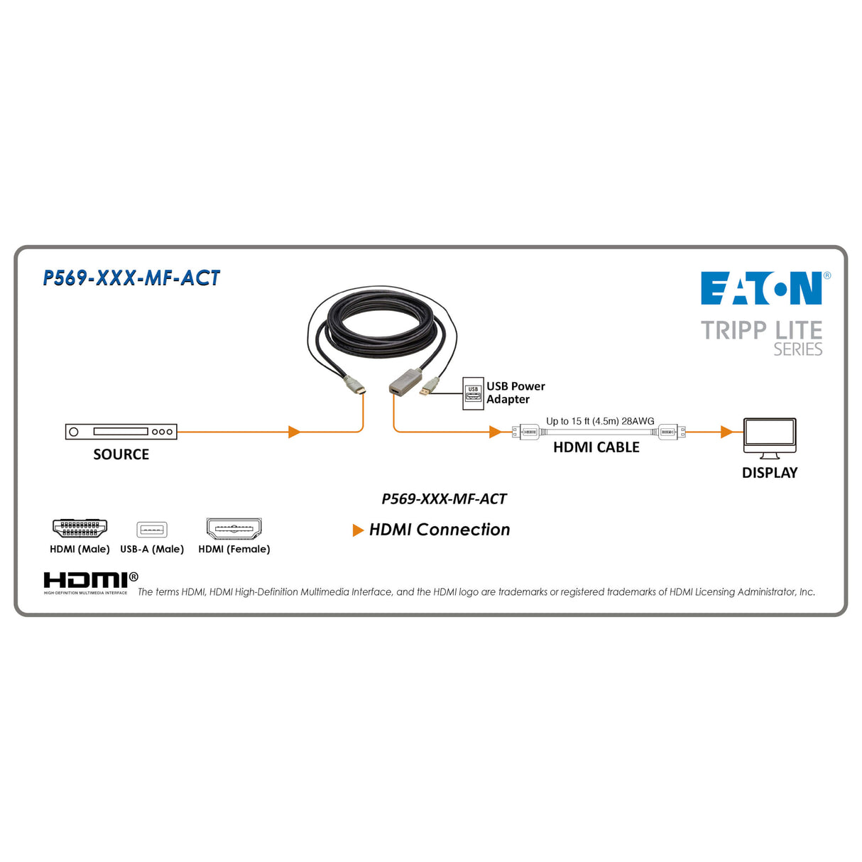 Tripp Lite HDMI Extension Cable w/Active Repeater M/F, 4K 60 Hz, HDR, 4:4:4 10ft
