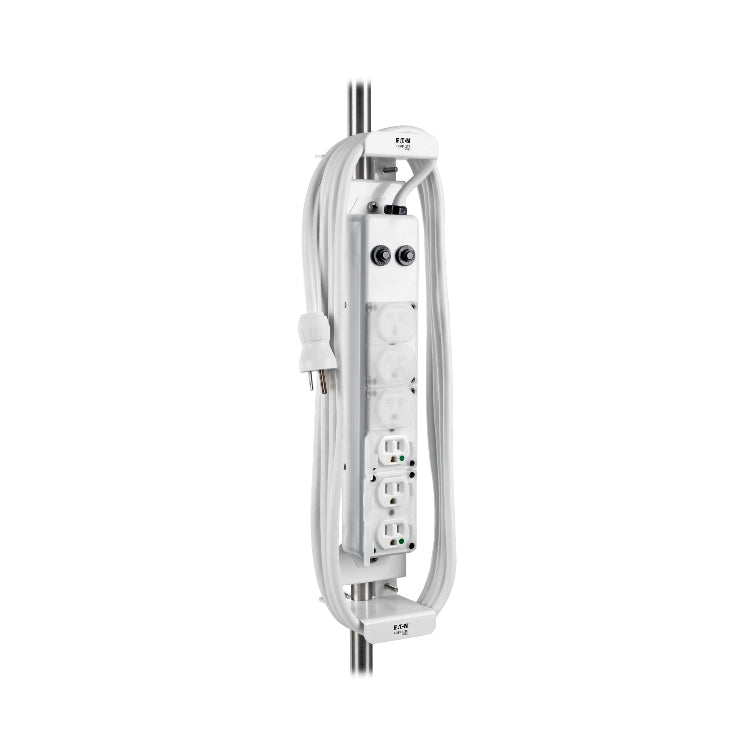 White electrical panel with multiple outlets on a white background