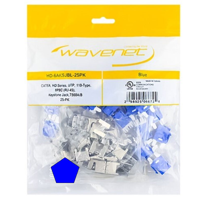 Wavenet Keystone Jack CAT6A, HD Series, UTP, 110-Type, T568A/B, Blue 25 Pack